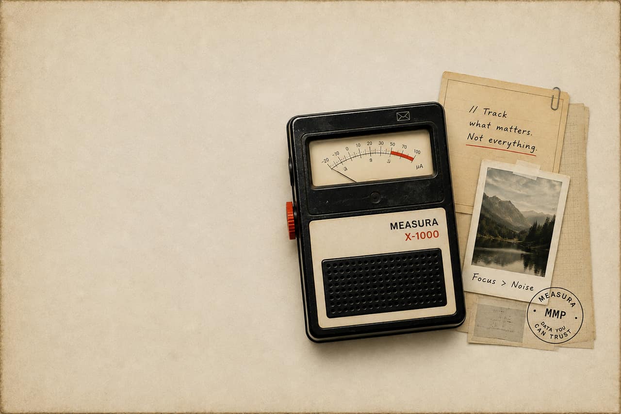 A vintage analogue panel meter labelled MEASURA X-1000 resting on aged paper, beside a clipped note reading 'Track what matters. Not everything.', a photograph captioned 'Focus > Noise', and a rubber stamp reading 'Measura MMP, data you can trust'.